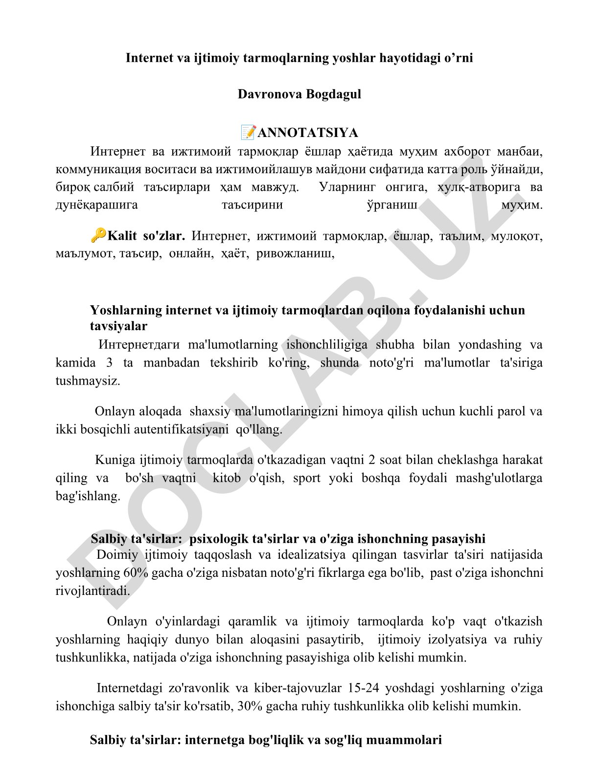 Internet va ijtimoiy tarmoqlarning yoshlar hayotidagi o’rni