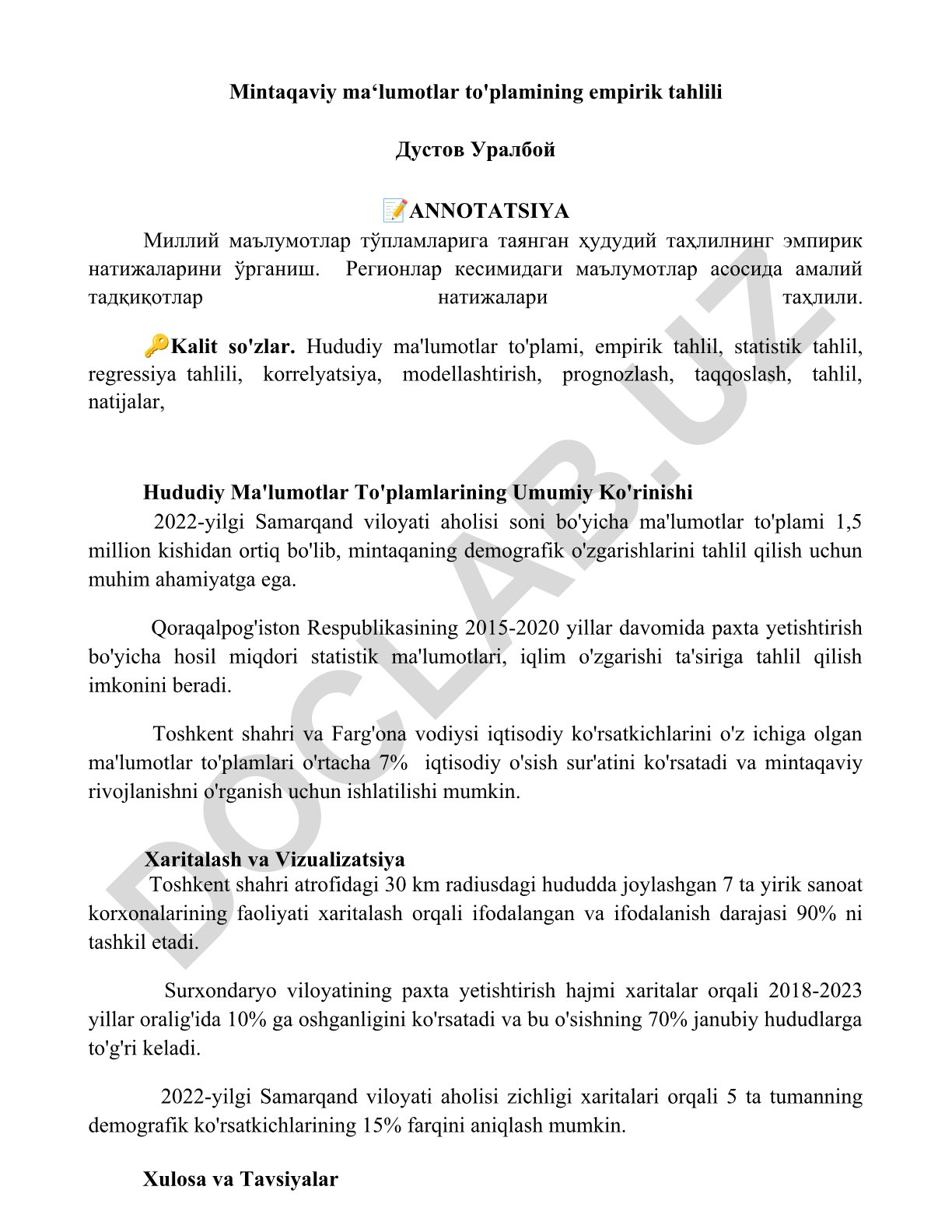 Mintaqaviy ma'lumotlar to'plamining empirik tahlili