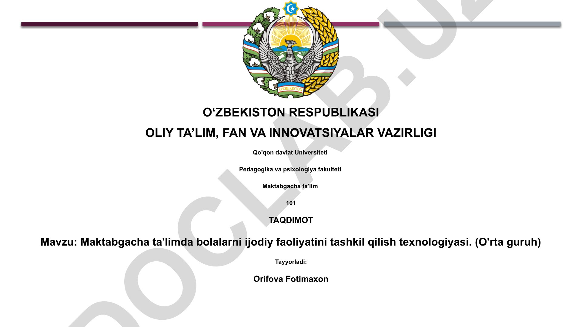 Maktabgacha ta'limda bolalarni ijodiy faoliyatini tashkil qilish texnologiyasi (O'rta guruh)