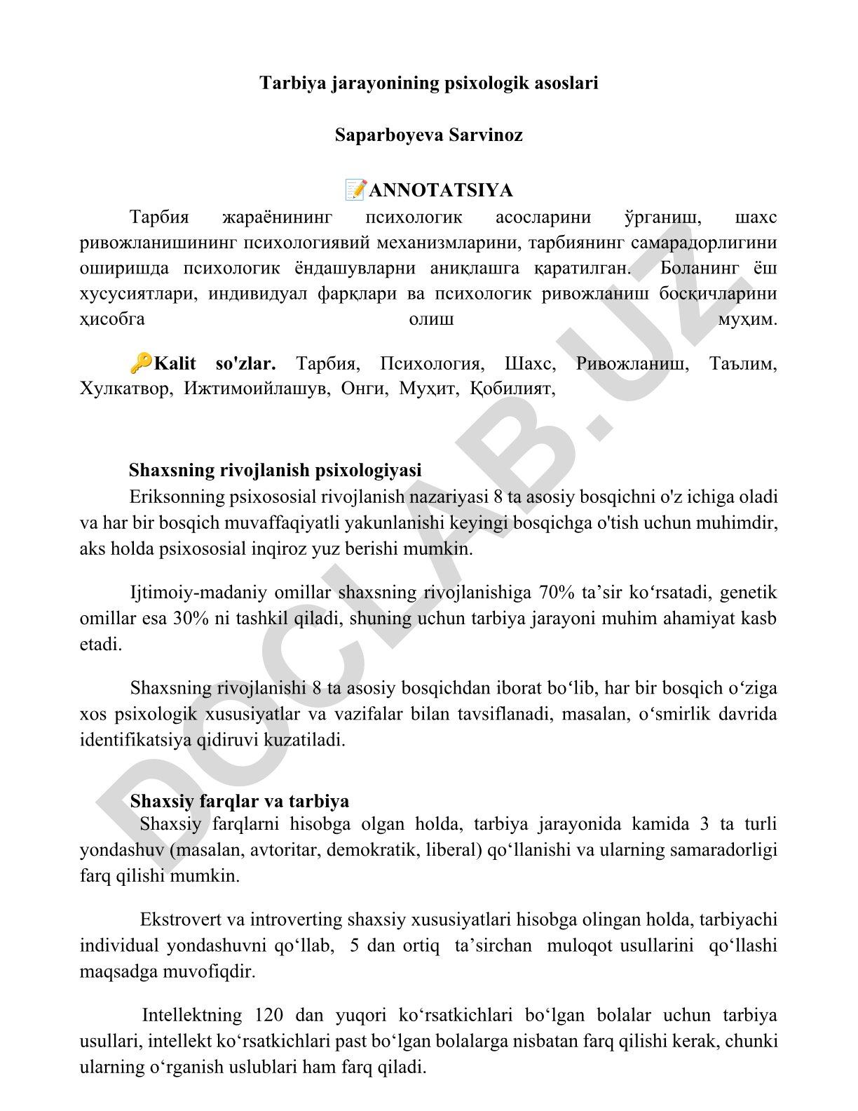Tarbiya jarayonining psixologik asoslari