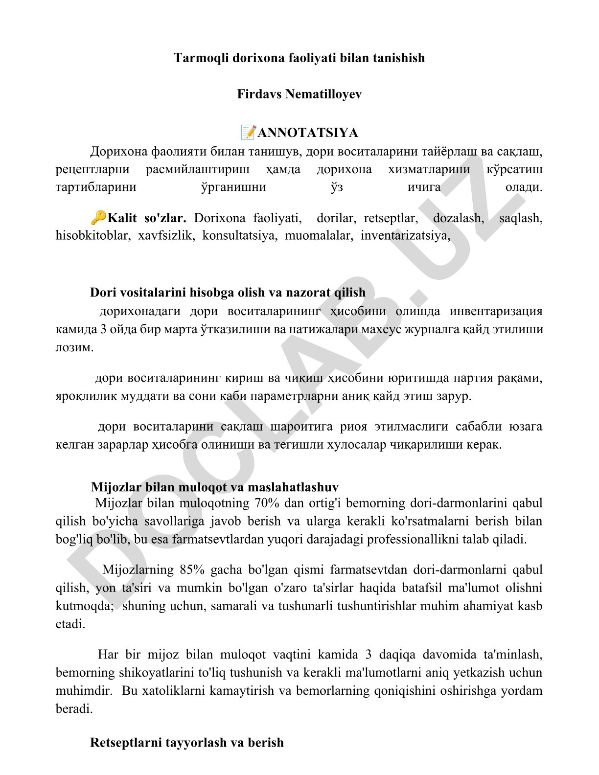 Dorixona faoliyati bilan tanishish