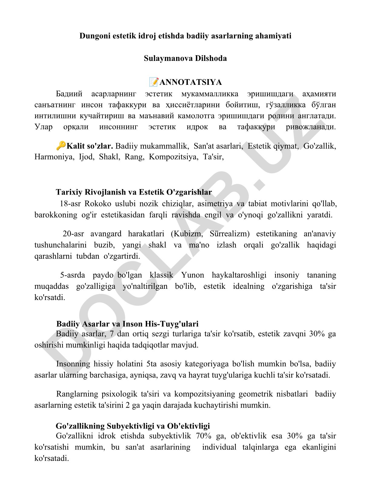 Badiiy asarlarning estetik idrok etishdagi ahamiyati
