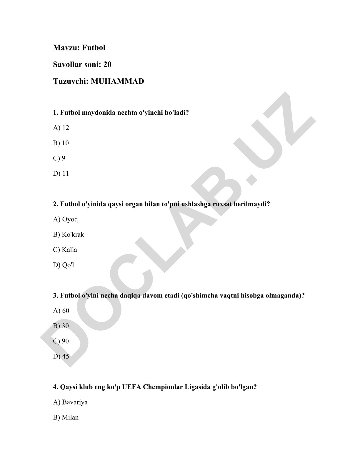 Futbol savollari testi