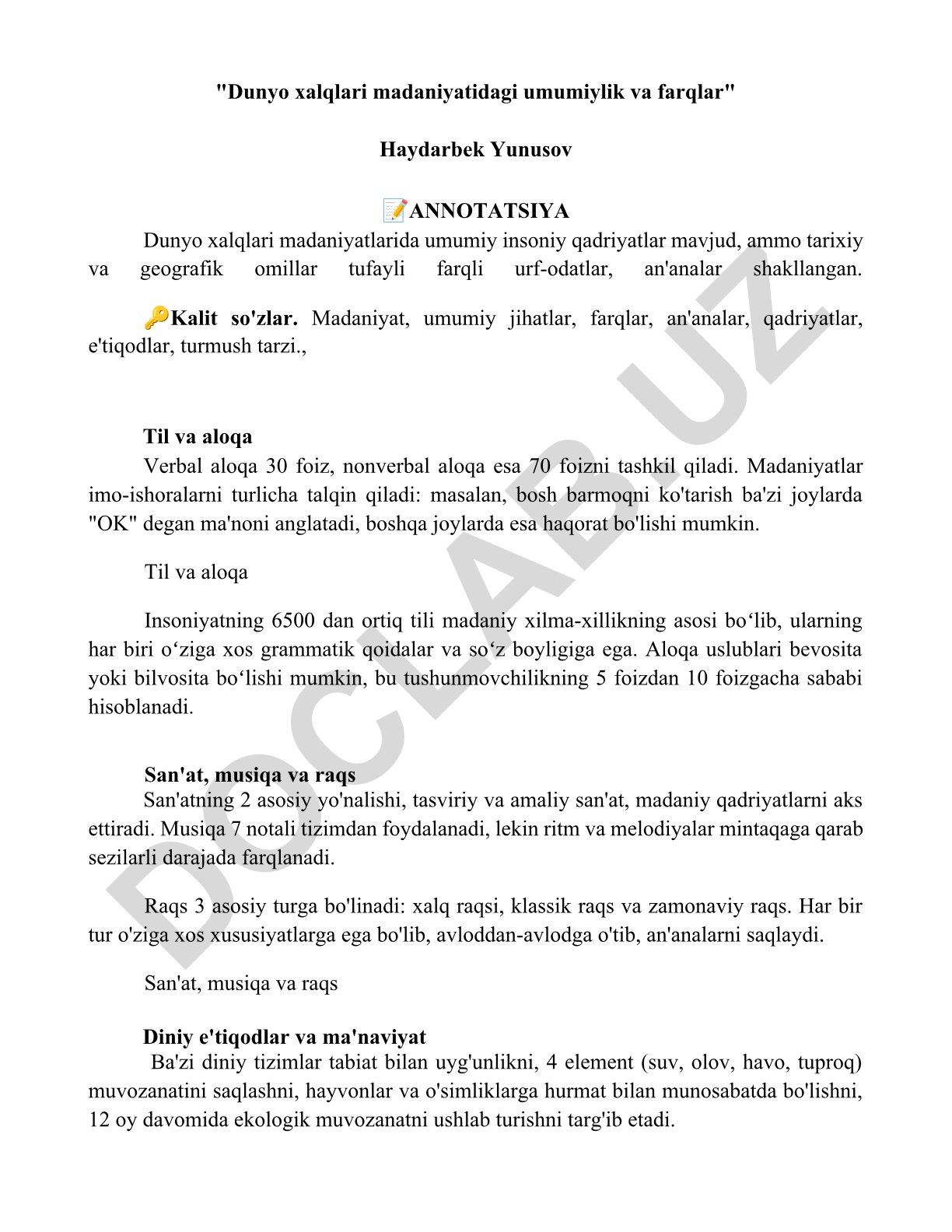 Dunyo xalqlari madaniyatidagi umumiylik va farqlar
