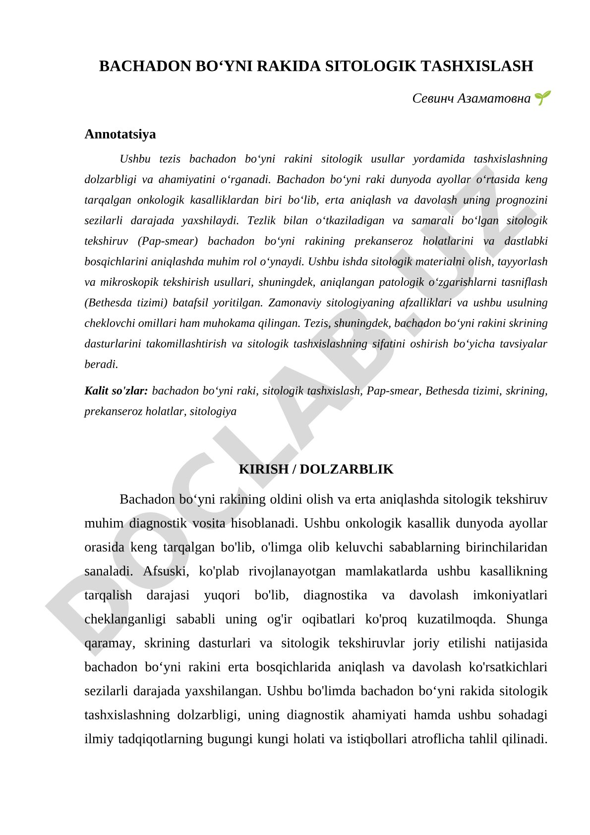 Bachadon boʻyni rakida sitologik tashxislash