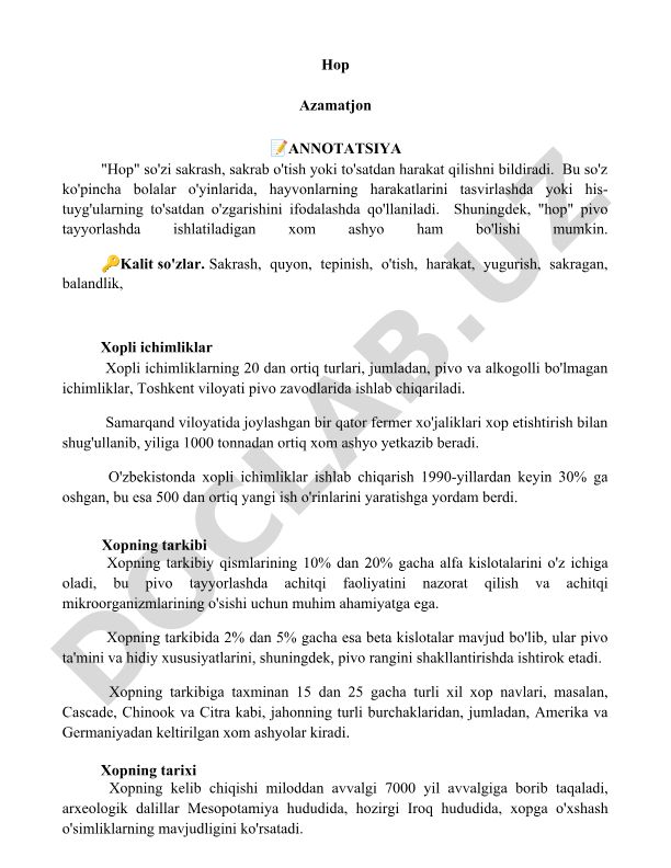 Xopli ichimliklar ishlab chiqarishi va xopning tarkibi