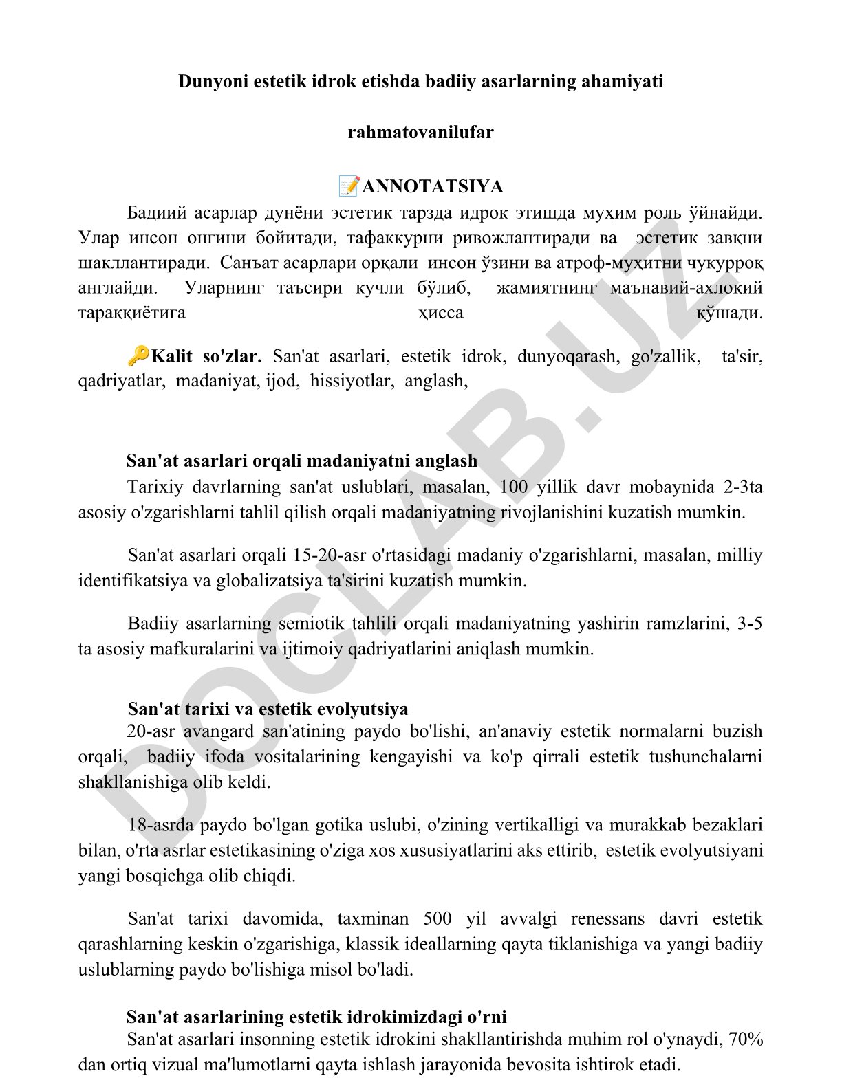 Badiiy asarlarning estetik idrok etishdagi ahamiyati