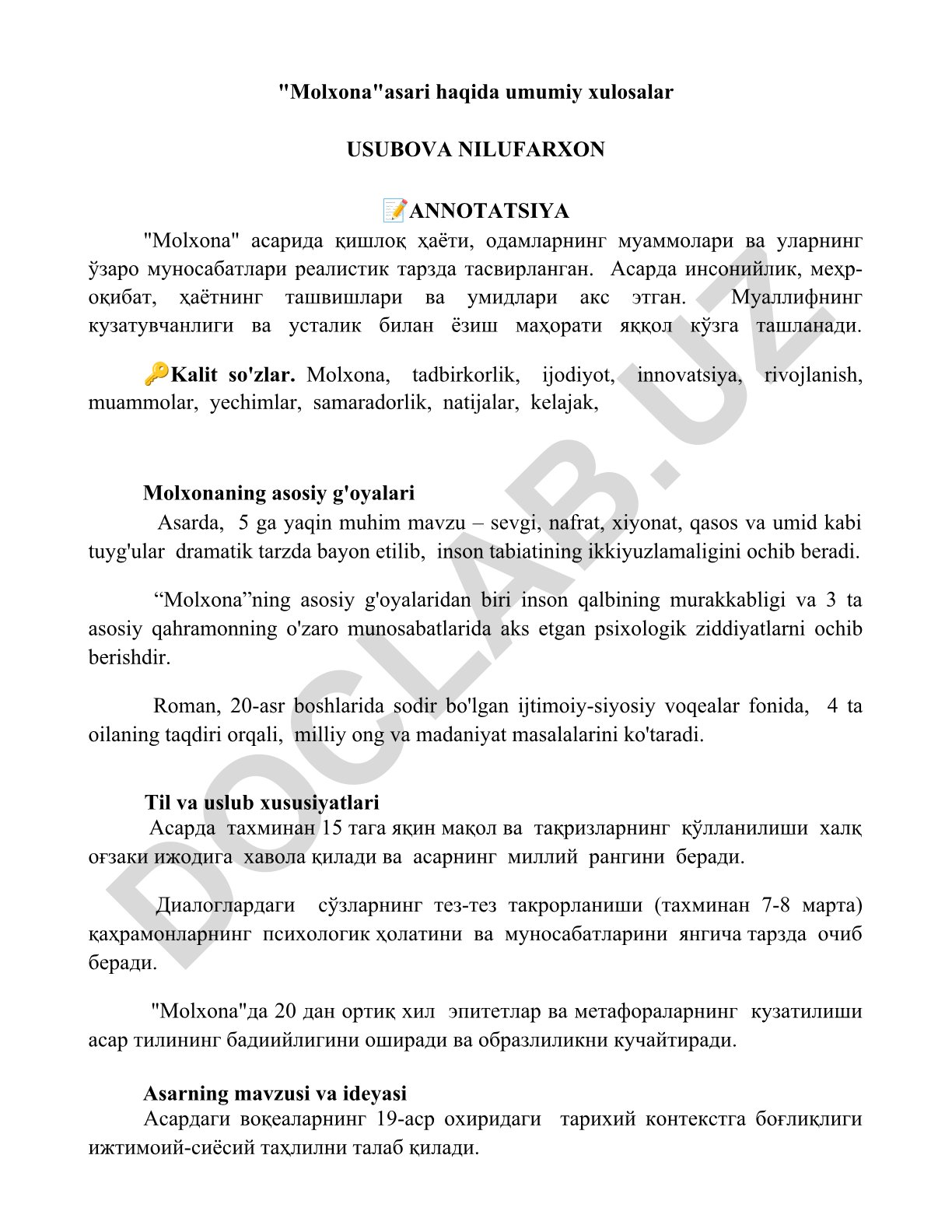 Molxona asarida qishloq hayoti va insoniy tuyg'ular