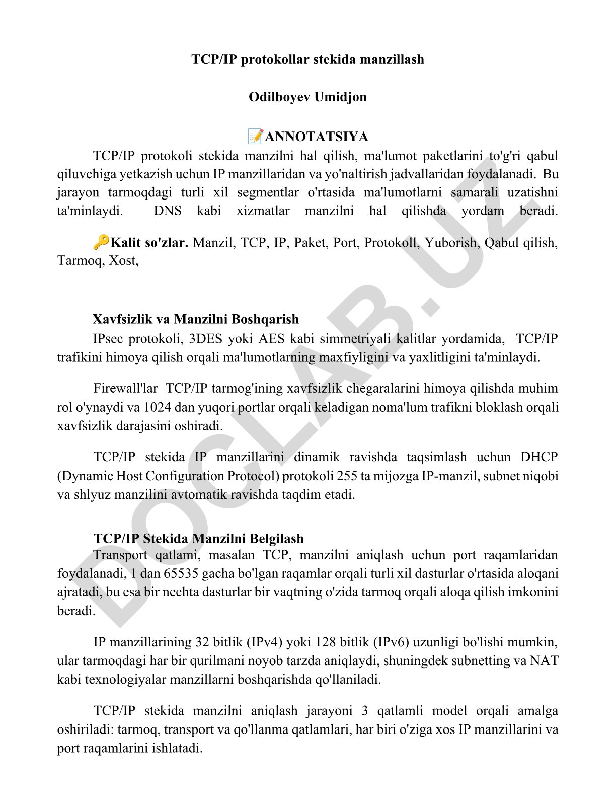 TCP/IP protokollar stekida manzillash