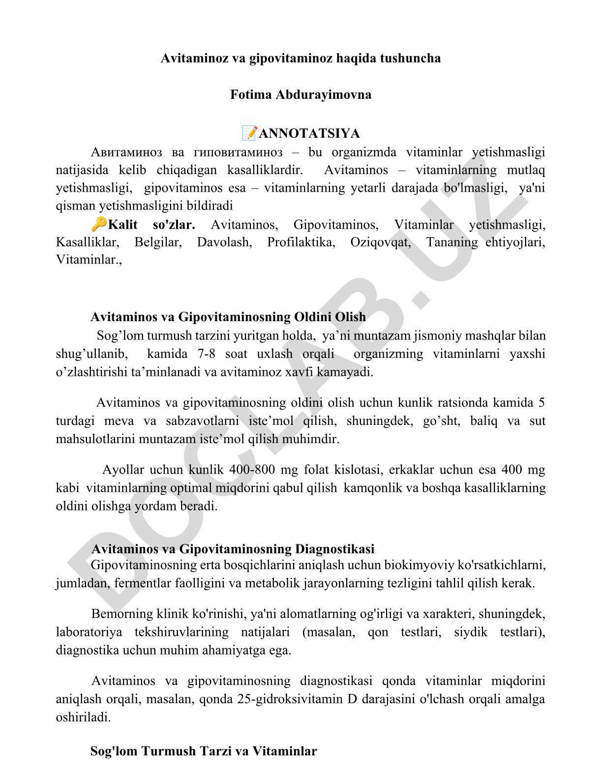 Avitaminoz va gipovitaminoz haqida tushuncha