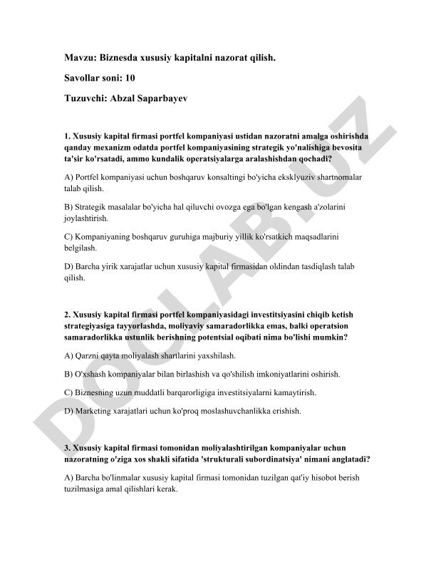 Biznesda xususiy kapitalni nazorat qilish