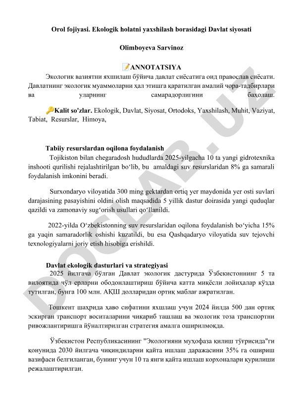 Orol fojiyasi va ekologik holatni yaxshilash bo'yicha Davlat siyosati