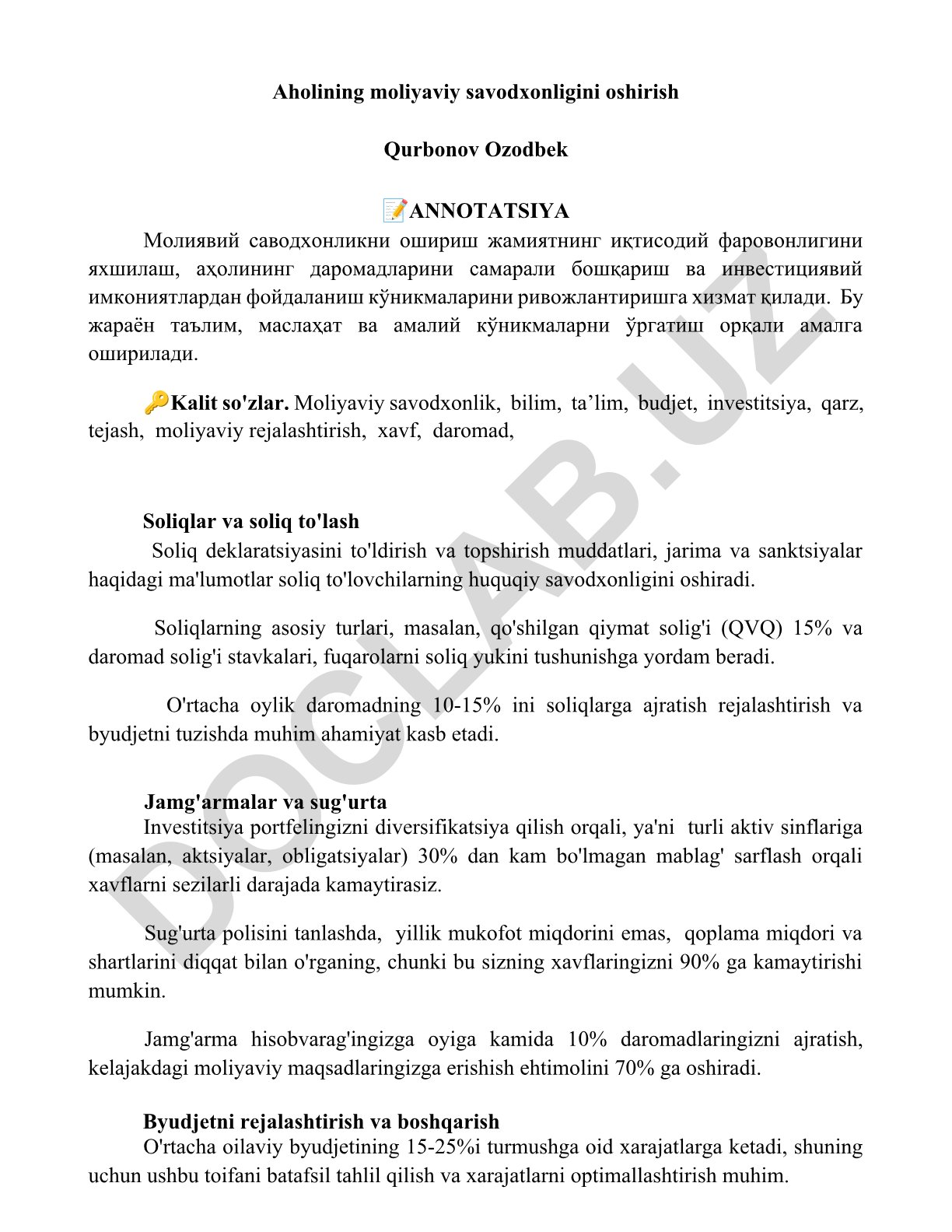 Aholining moliyaviy savodxonligini oshirish