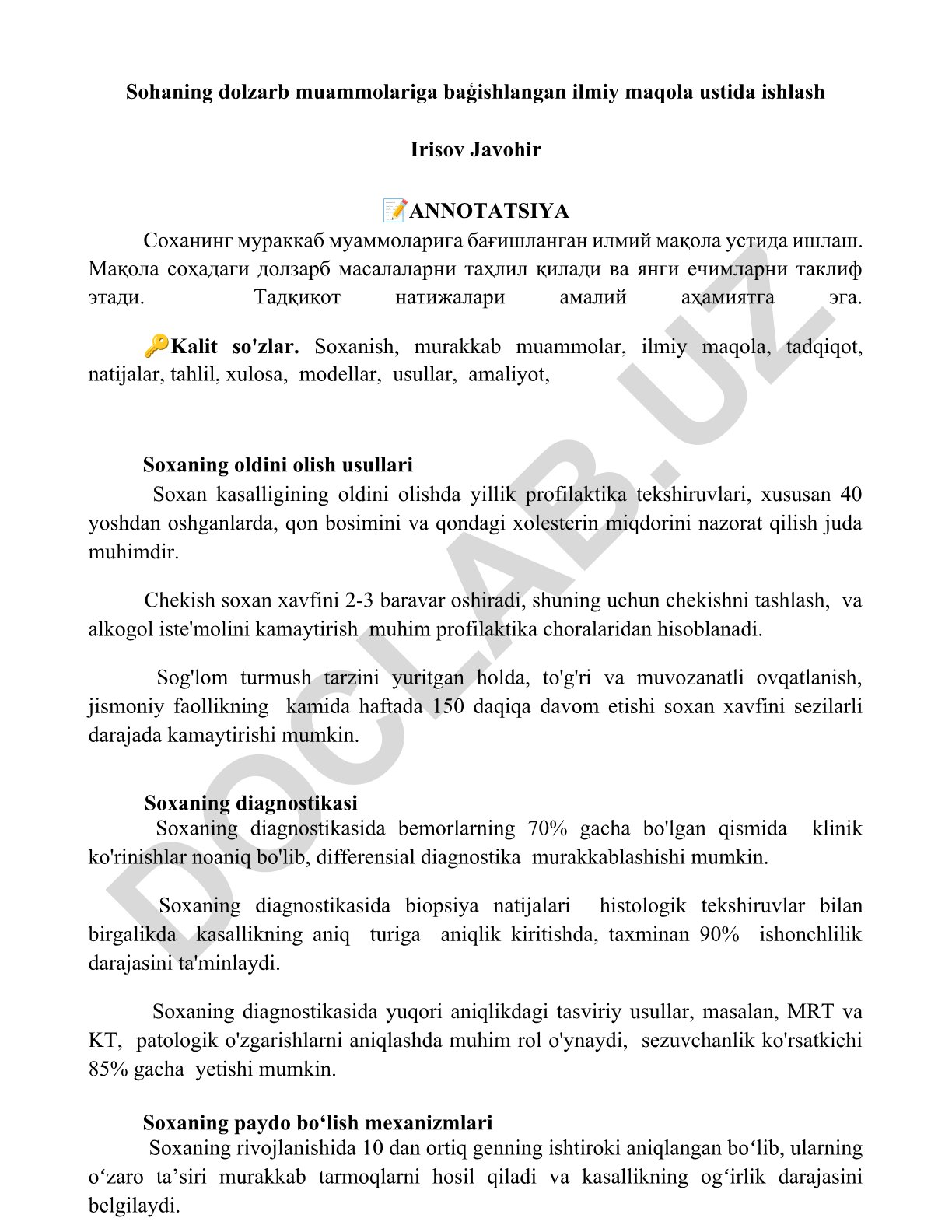 Soxan kasalligining oldini olish va diagnostikasi