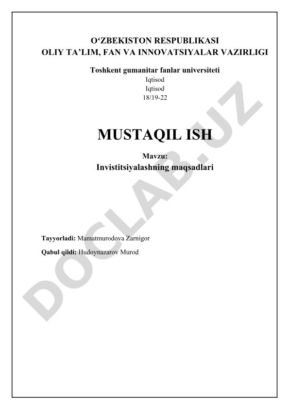 Investitsiyalashning maqsadlari