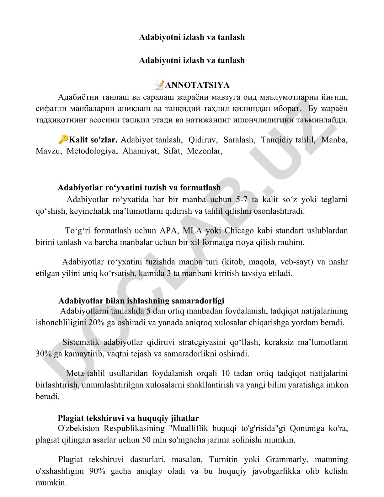 Adabiyotni izlash va tanlash