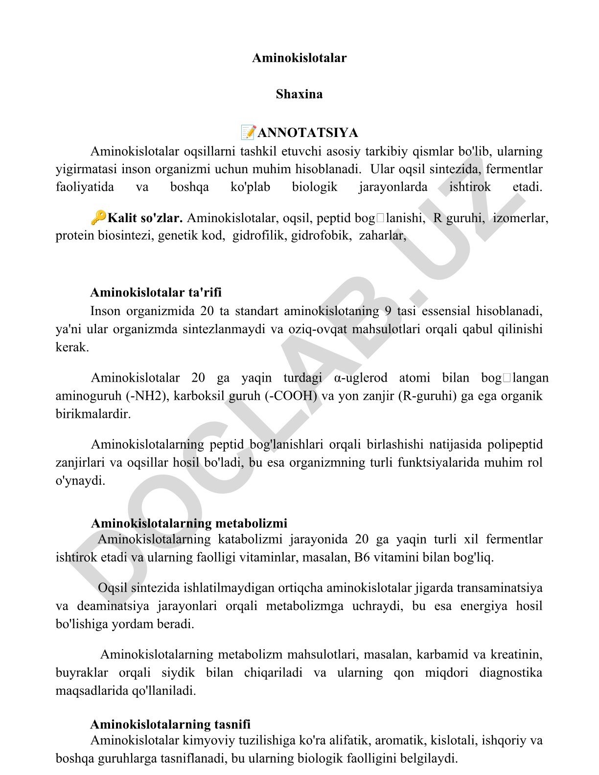 Aminokislotalar: tuzilishi, turlari va biologik ahamiyati