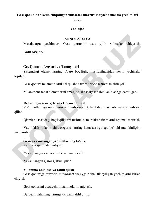 Gess qonunidan kelib chiqadigan xulosalar va masala yechimlari