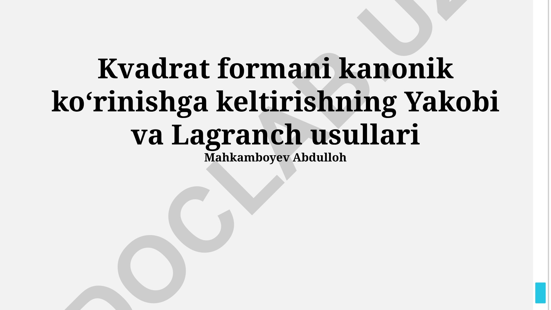 Kvadrat formani kanonik koʻrinishga keltirishning Yakobi va Lagranj usullari