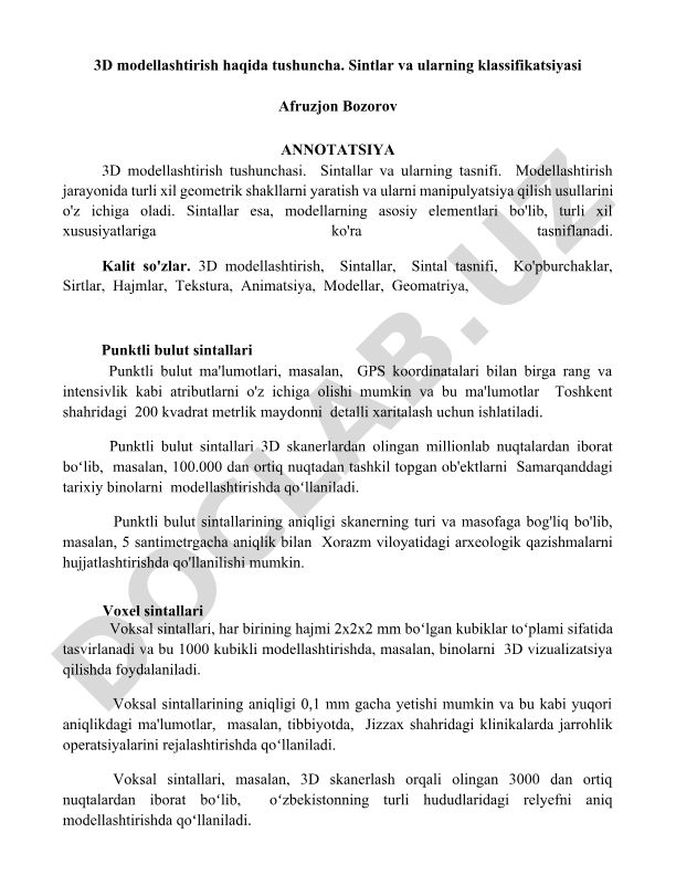 3D modellashtirish tushunchasi va sintallar tasnifi