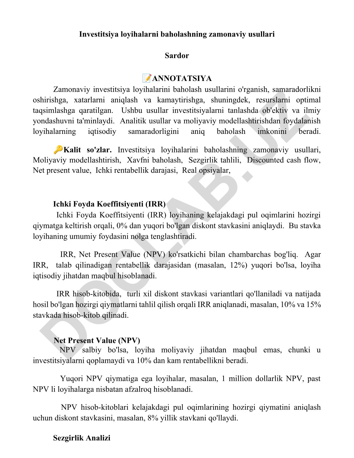 Investitsiya loyihalarni baholashning zamonaviy usullari