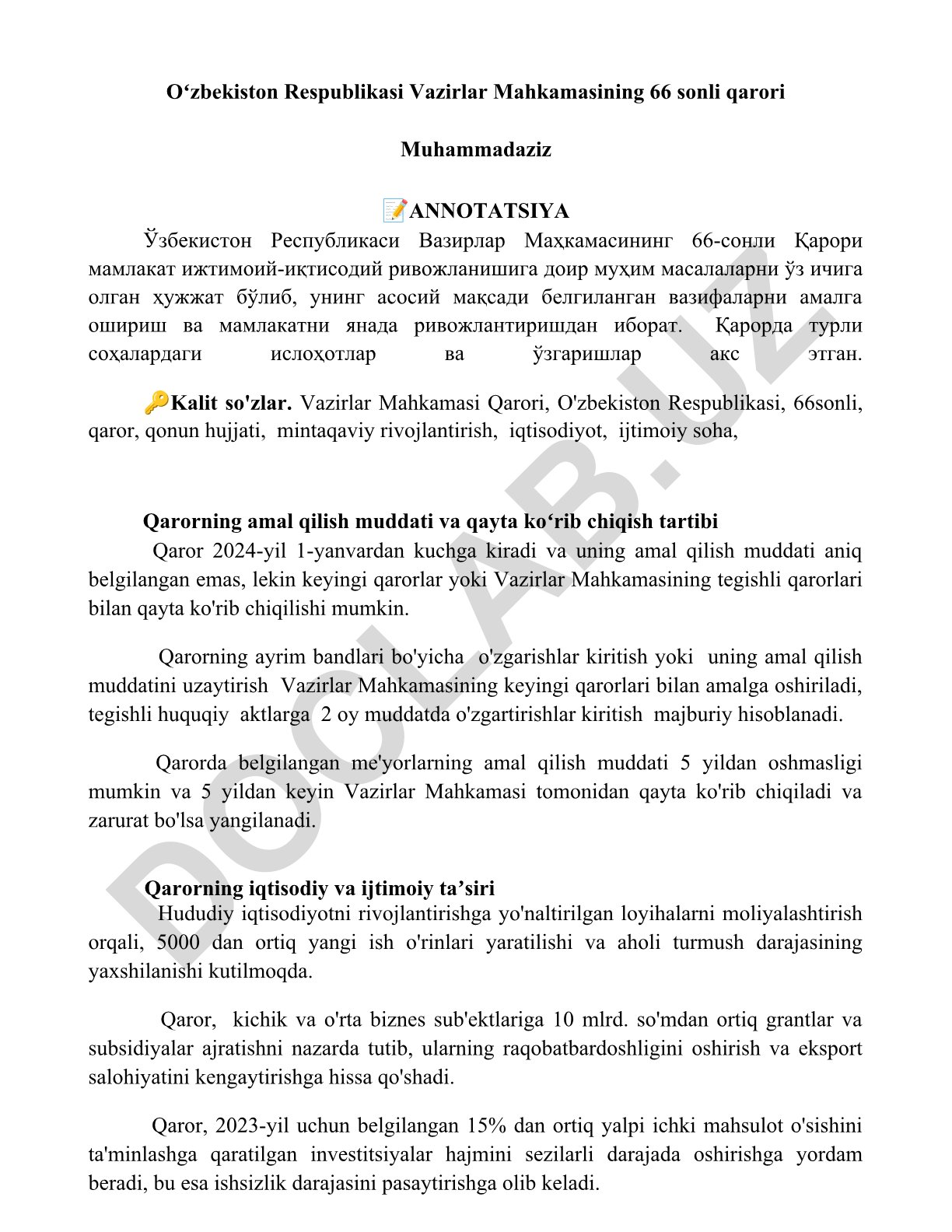 O'zbekiston Respublikasi Vazirlar Mahkamasining 66-sonli qarori