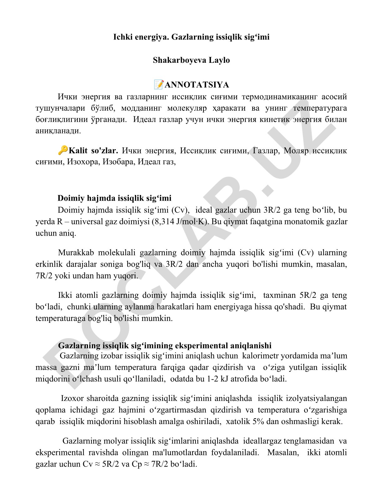 Ichki energiya va gazlarning issiqlik sigʻimi