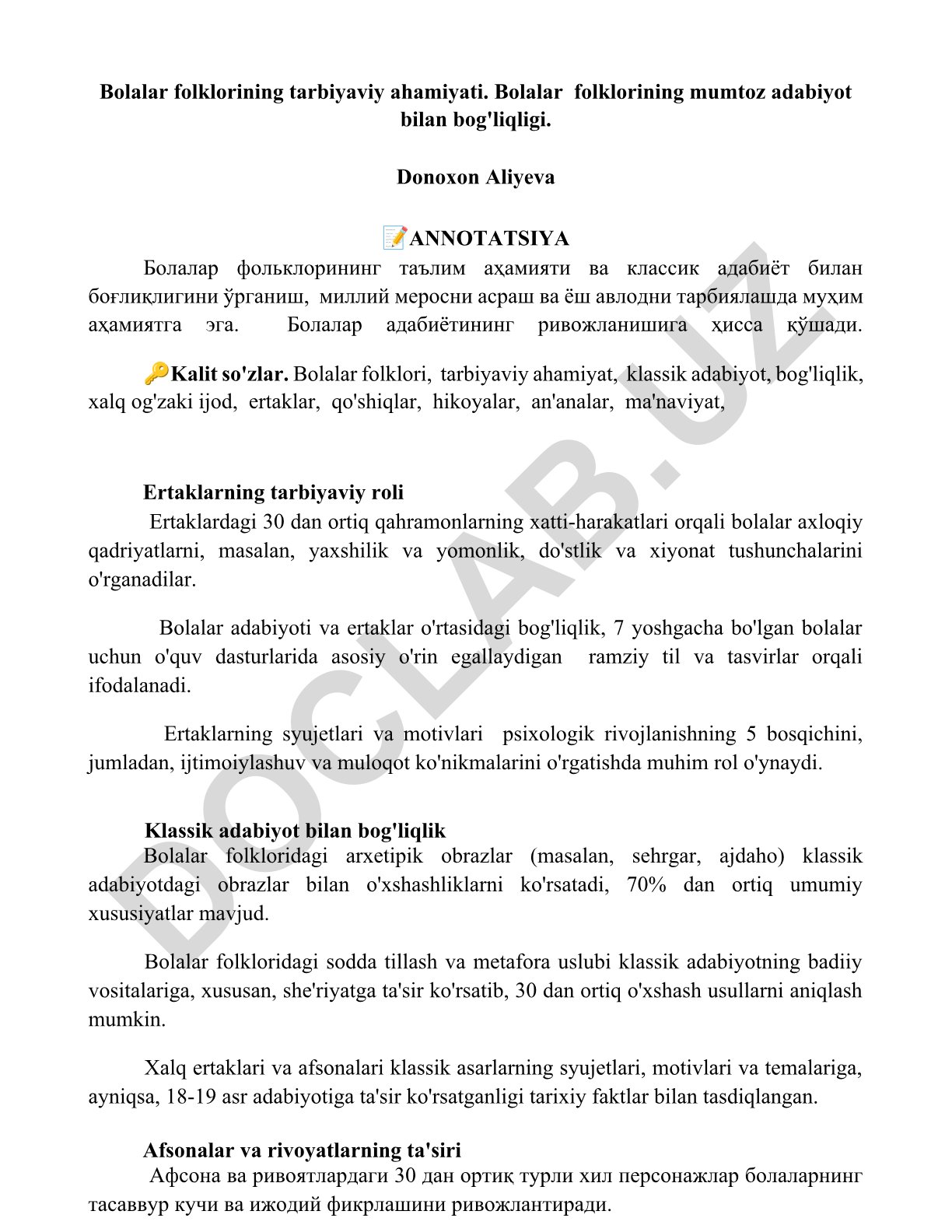 Bolalar folklorining tarbiyaviy ahamiyati va klassik adabiyot bilan bog'liqligi