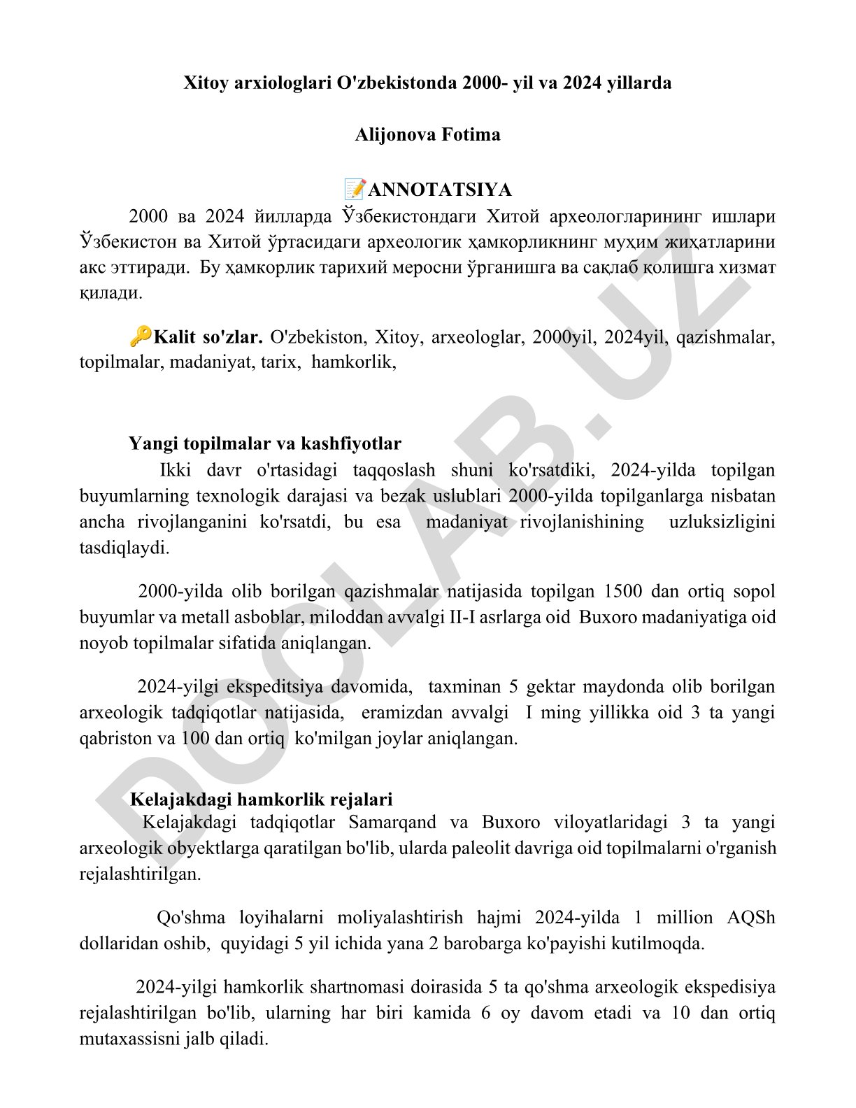 O'zbekistonda Xitoy arxeologlarining 2000 va 2024 yillardagi qazishmalari