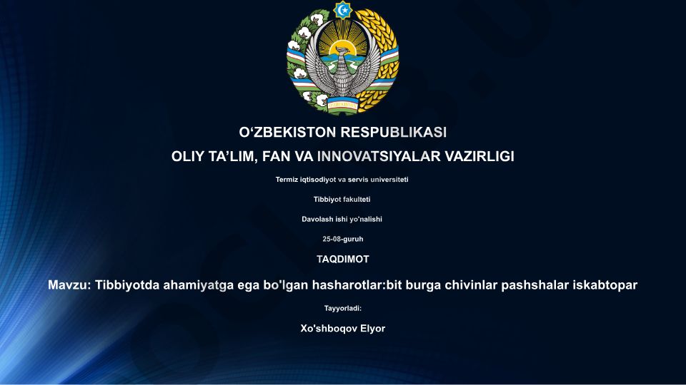 Tibbiyotda ahamiyatga ega bo'lgan hasharotlar: bit, burga, chivinlar, pashshalar, iskabtopar