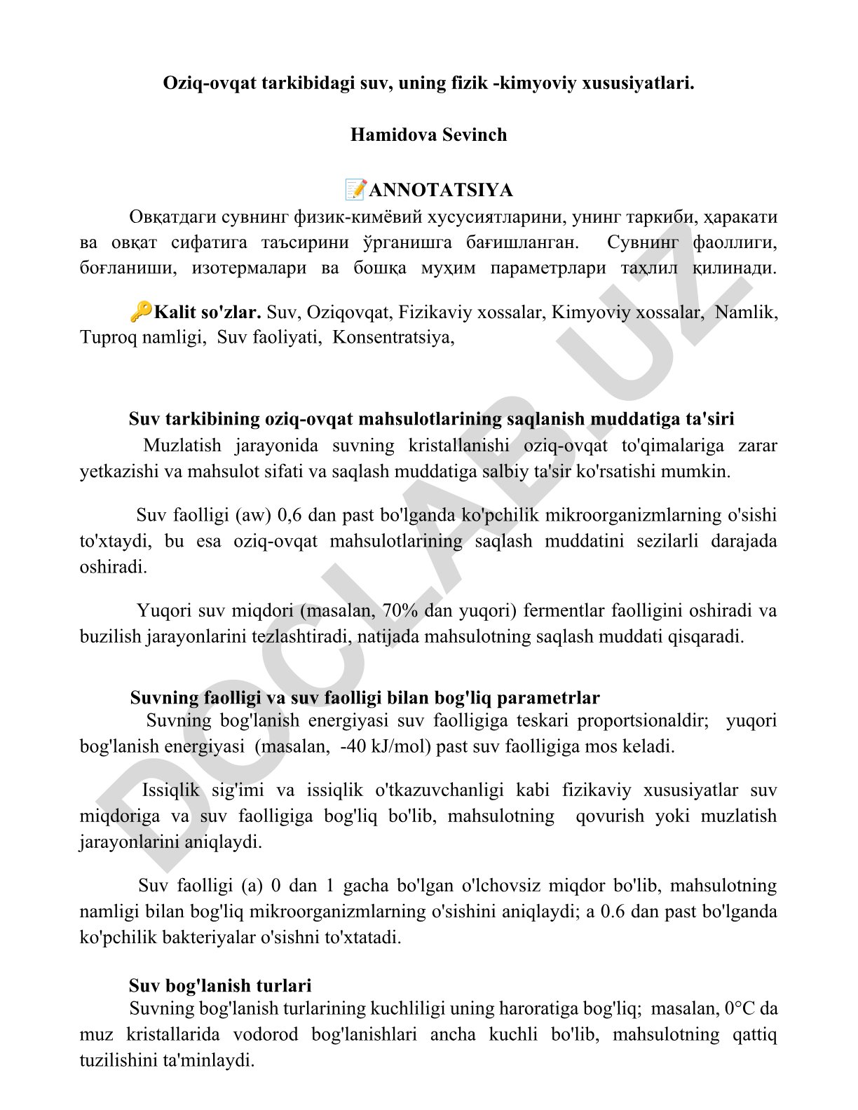 Oziq-ovqat tarkibidagi suvning fizik-kimyoviy xususiyatlari