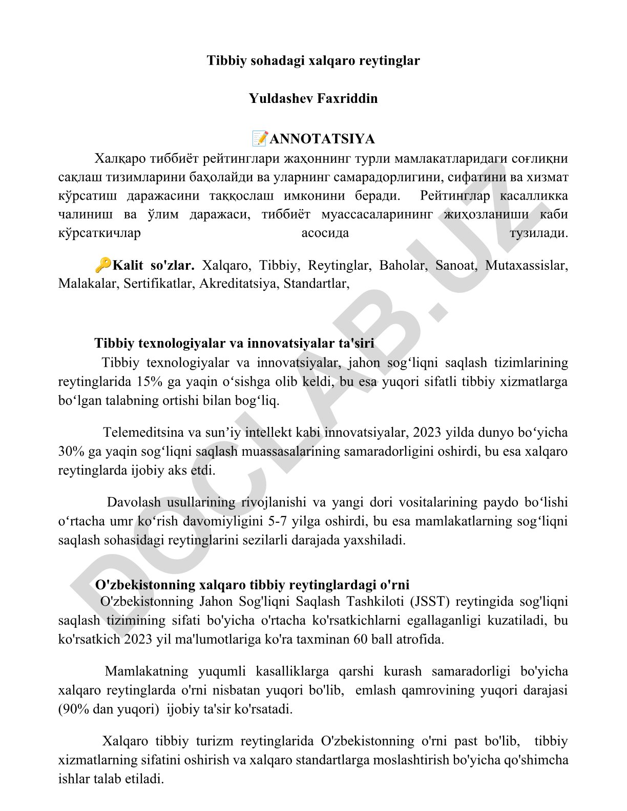 Xalqaro tibbiy reytinglar va innovatsiyalar ta'siri