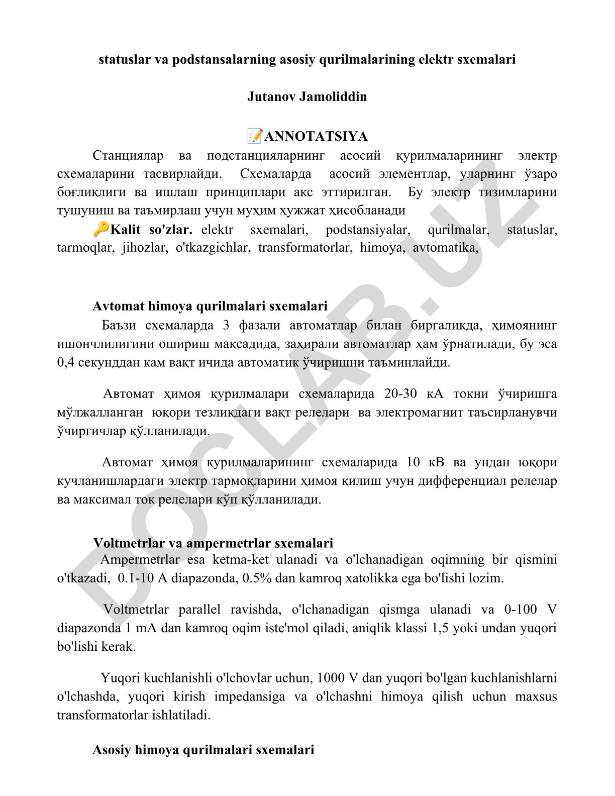 Stansiyalar va podstansiyalarning asosiy qurilmalarining elektr sxemalari
