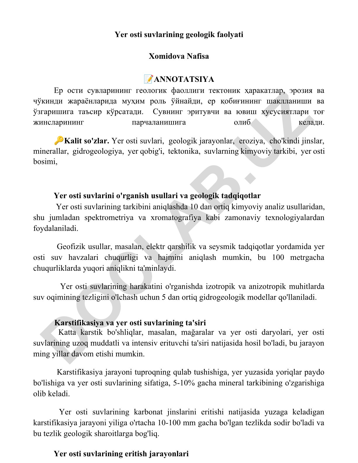 Yer osti suvlarining geologik faoliyati