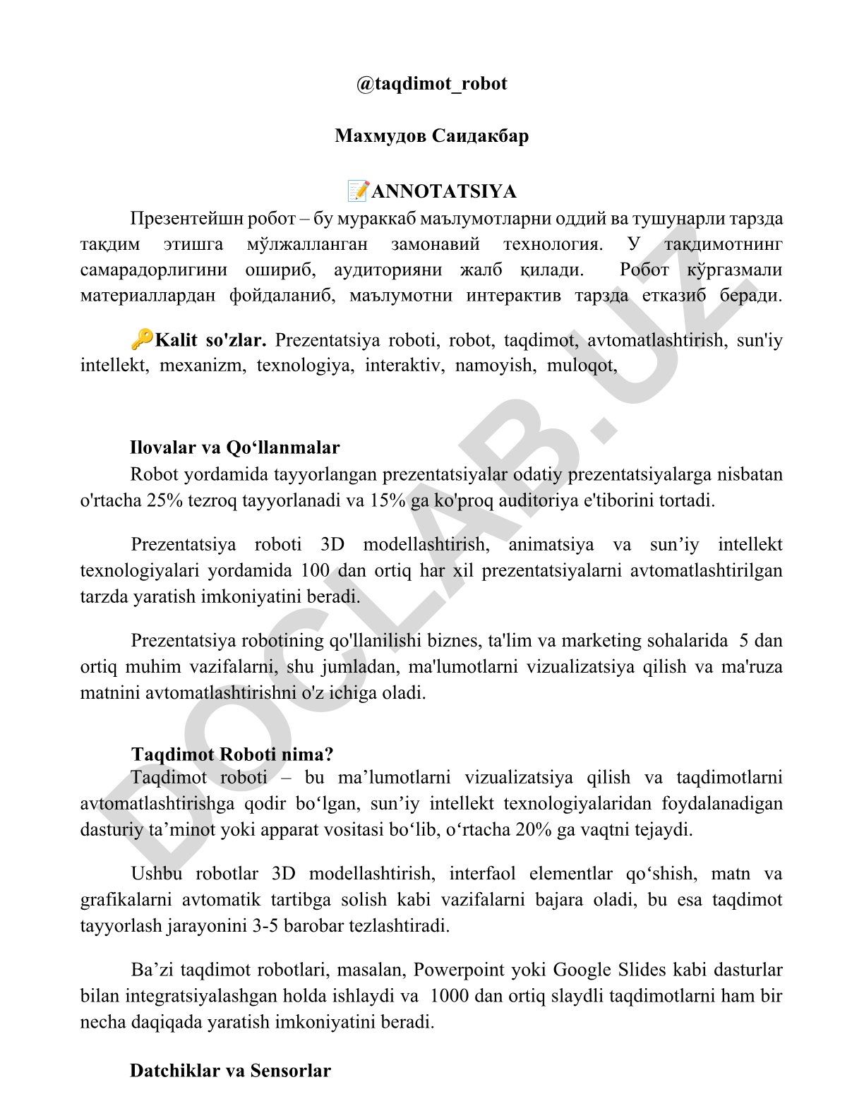Prezentatsiya roboti: texnologiya, imkoniyatlar va qo'llanilishi