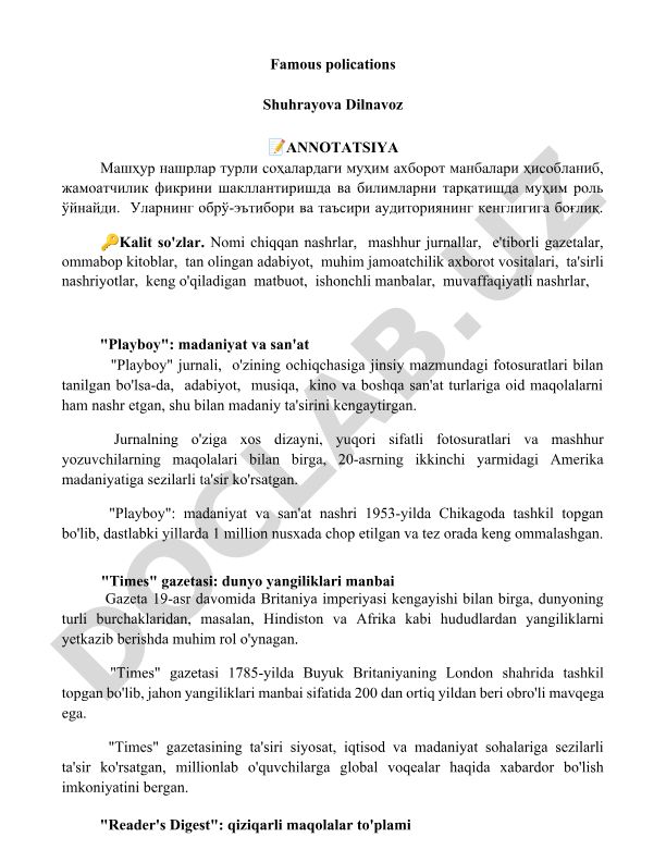 Mashhur nashrlar: Playboy jurnali va Times gazetasining madaniy ta'siri