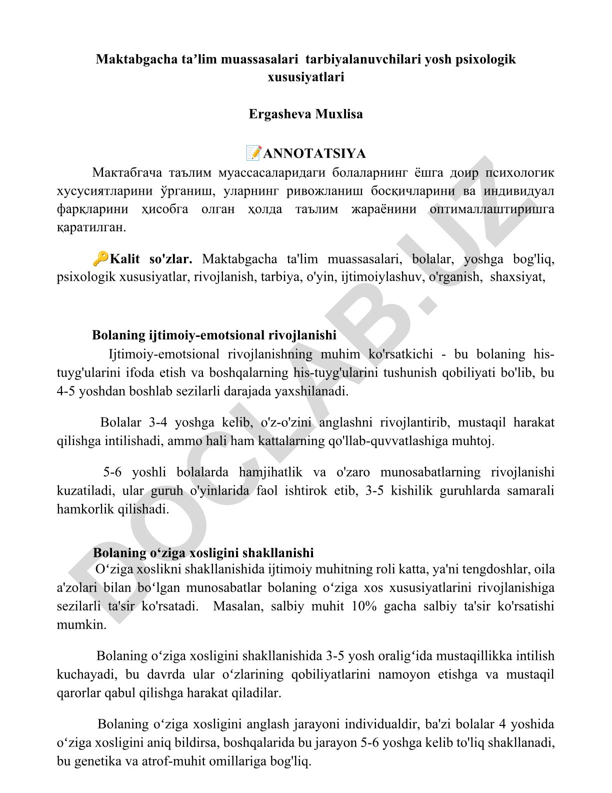 Maktabgacha taʼlim muassasalari tarbiyalanuvchilari yosh psixologik xususiyatlari