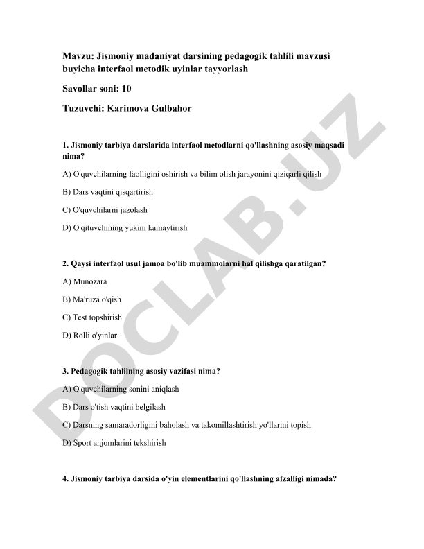 Jismoniy madaniyat darsining pedagogik tahlili mavzusi buyicha interfaol metodik uyinlar tayyorlash