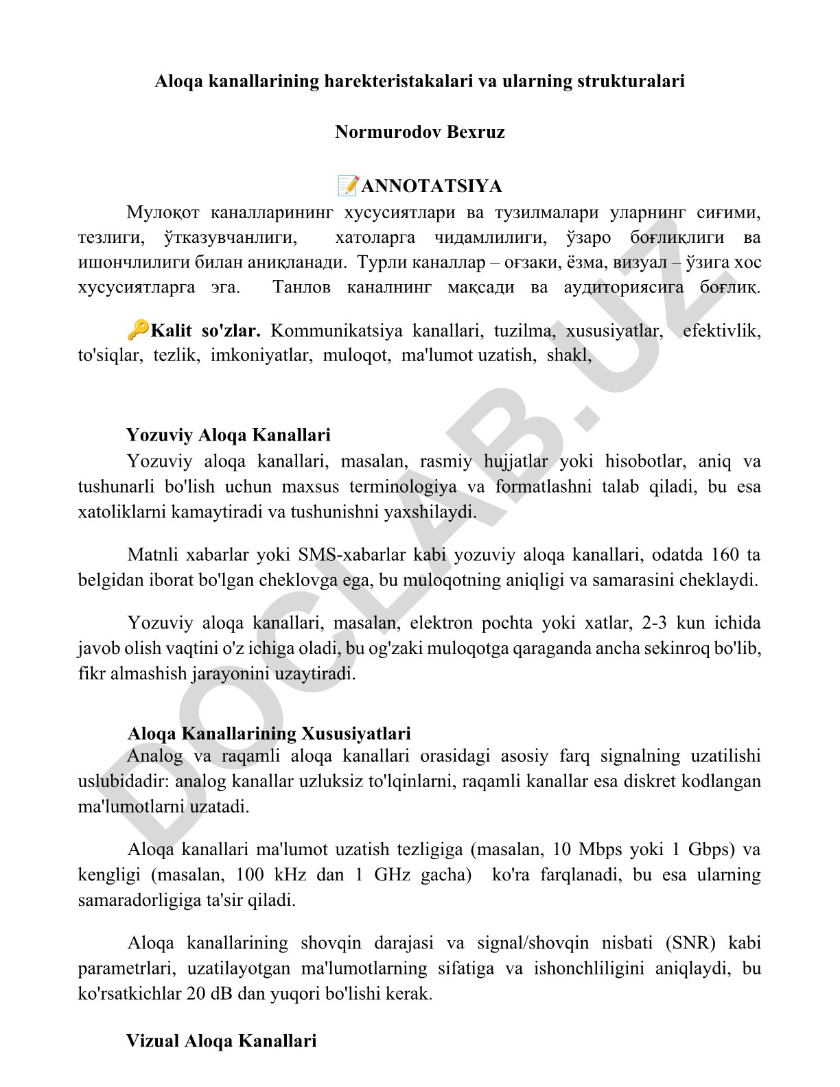Aloqa kanallarining xususiyatlari va tuzilmalari