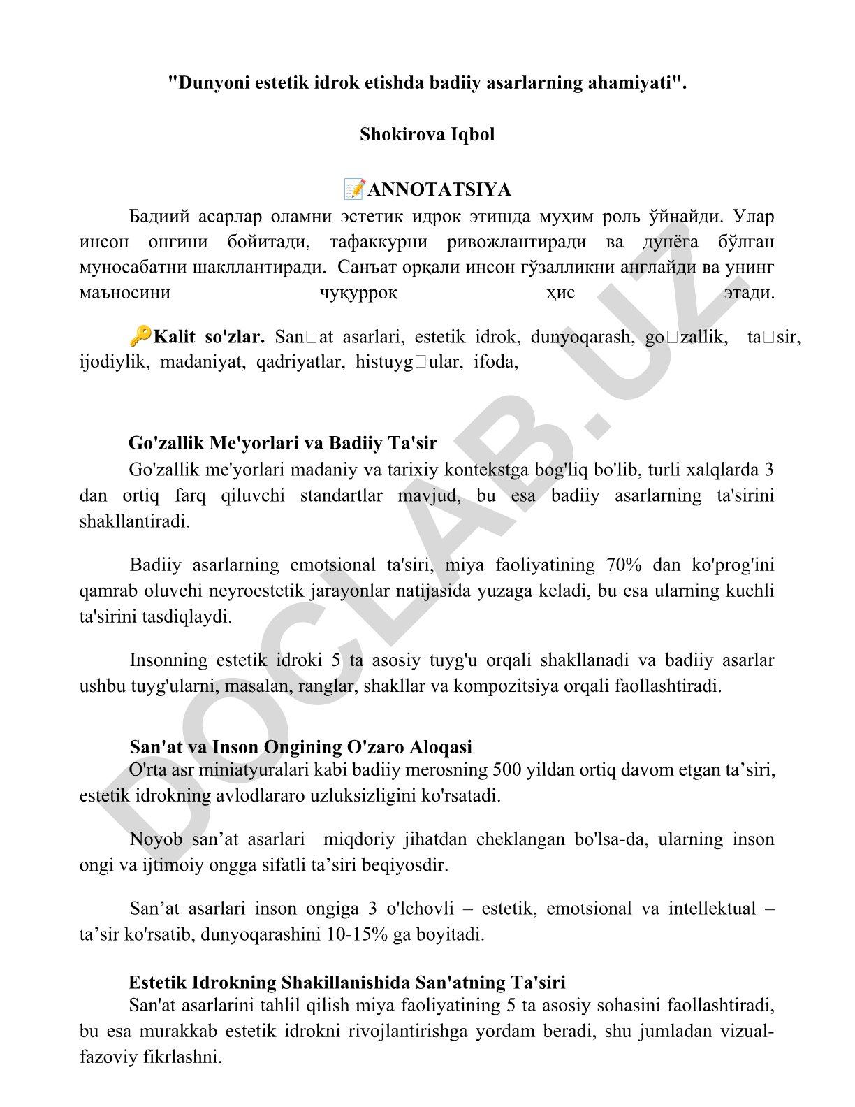 Dunyoni estetik idrok etishda badiiy asarlarning ahamiyati