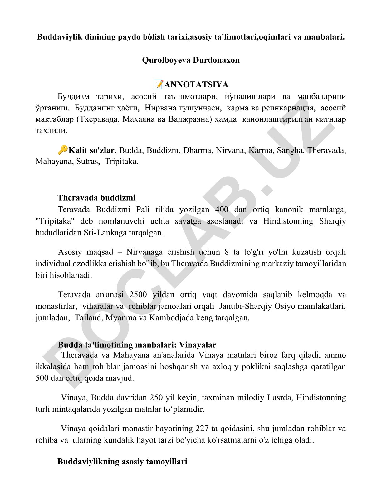Buddaviylik dinining paydo boʻlish tarixi, asosiy taʼlimotlari, oqimlari va manbalari