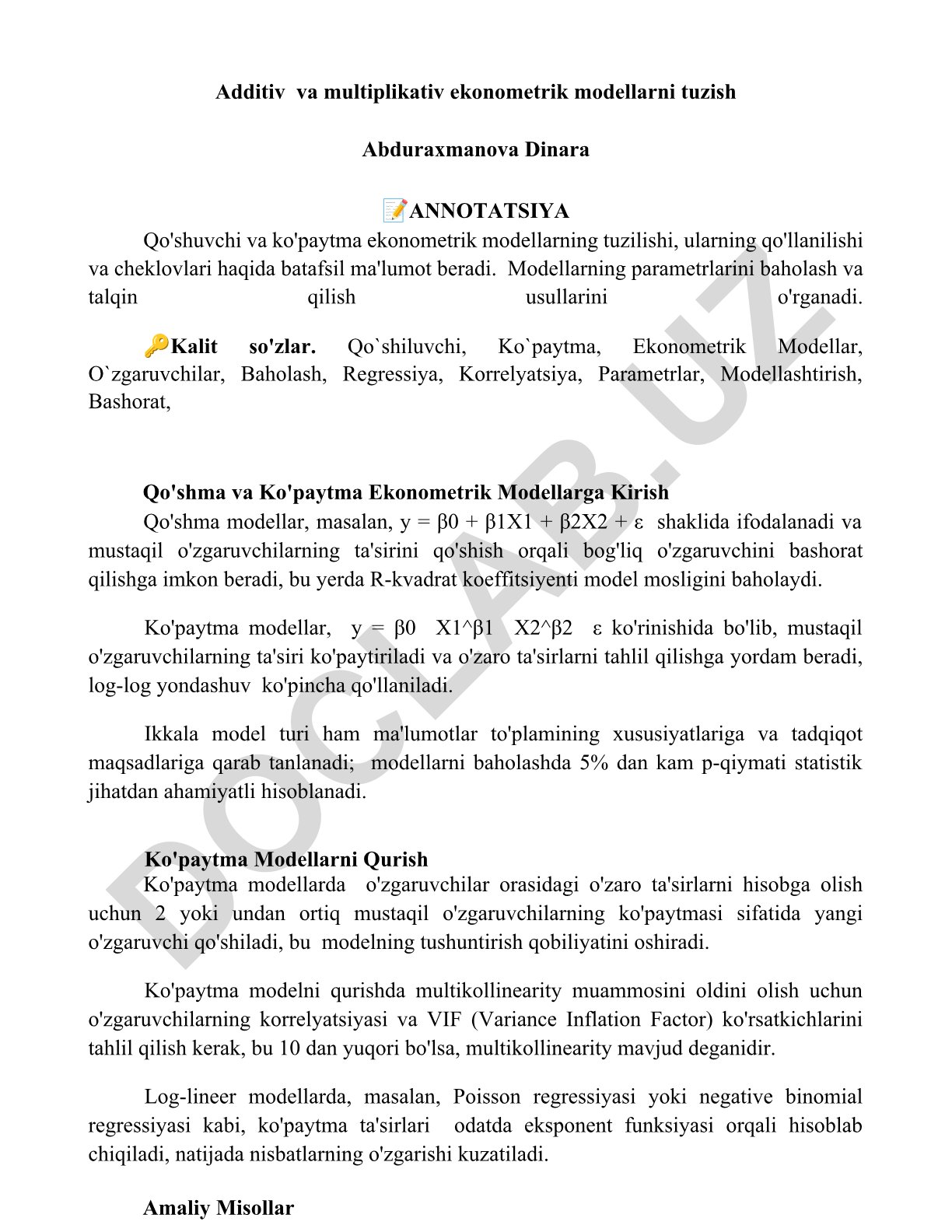Additiv va multiplikativ ekonometrik modellarni tuzish