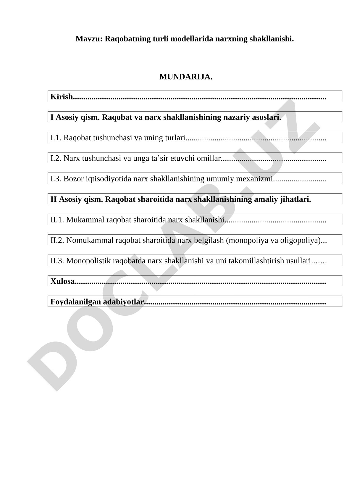Raqobatning turli modellarida narxning shakllanishi