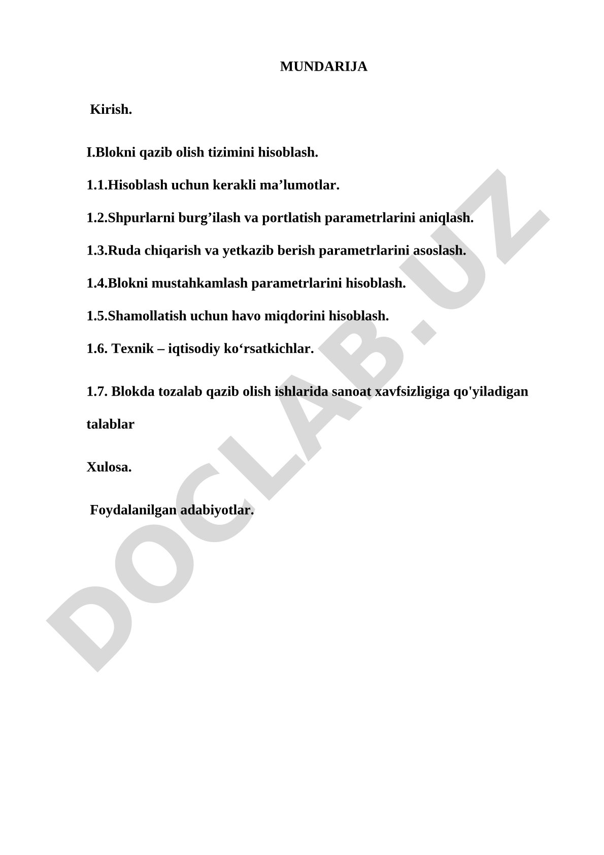 Blokni qazib olish tizimini hisoblash