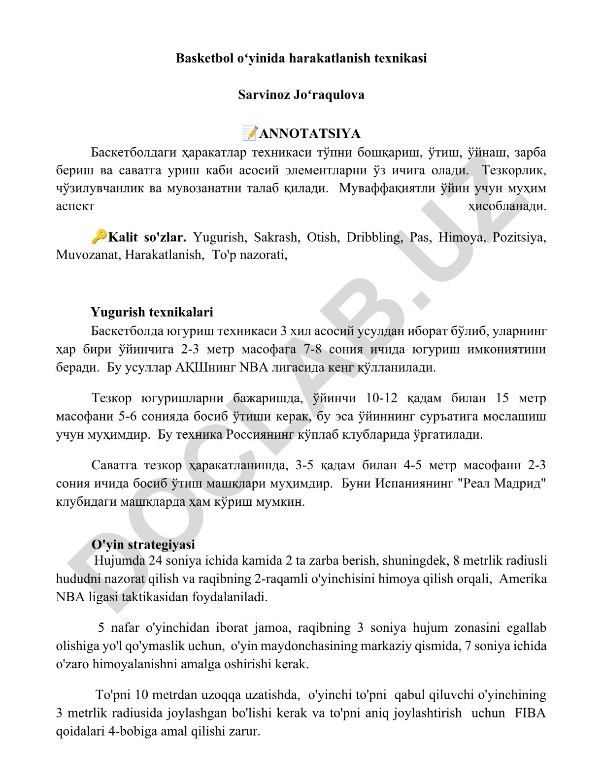 Basketbol oʻyinida harakatlanish texnikasi