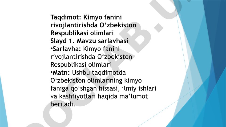 Kimyo fanini rivojlantirishda O‘zbekiston Respublikasi olimlari