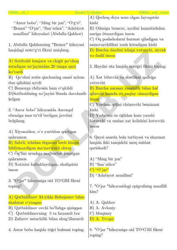 Abdulla Qahhor hikoyalari test savollari