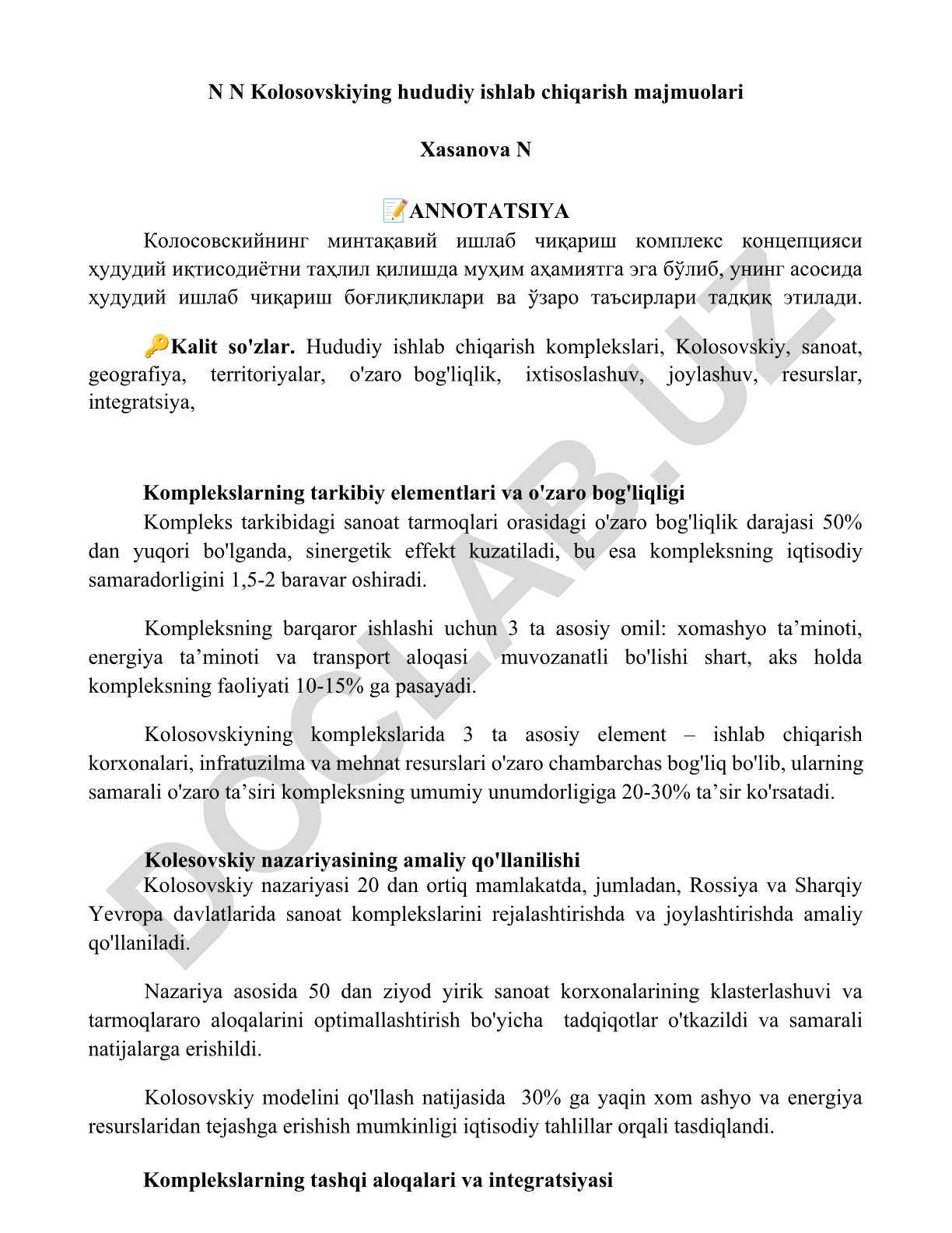 Kolosovskiyning hududiy ishlab chiqarish komplekslari konsepsiyasi