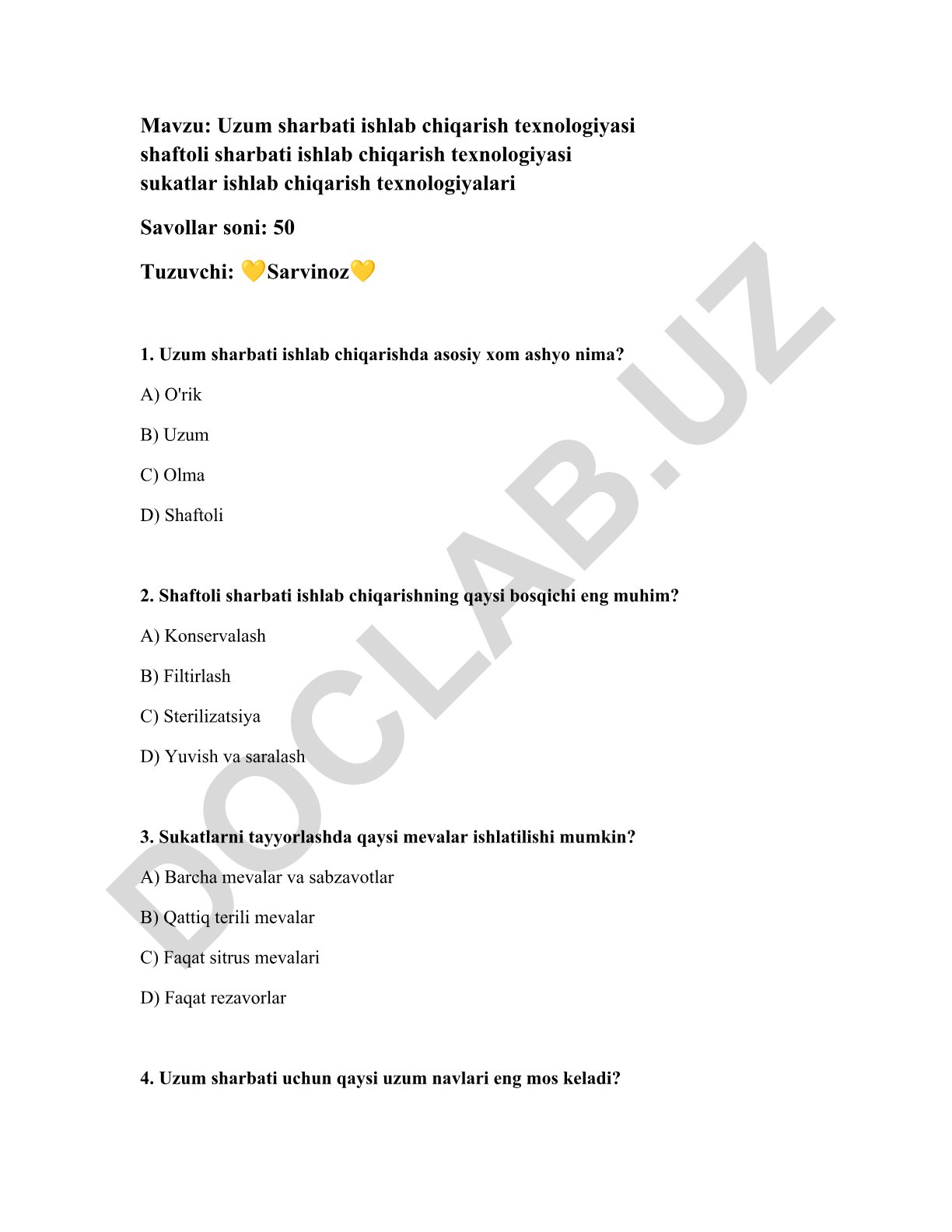 Uzum, shaftoli sharbati va sukatlar ishlab chiqarish texnologiyalari