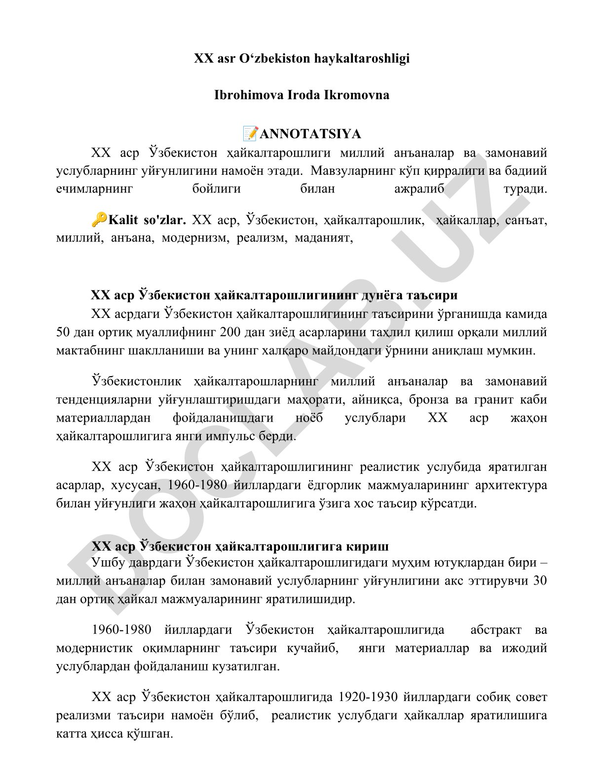 XX asr O‘zbekiston haykaltaroshligi